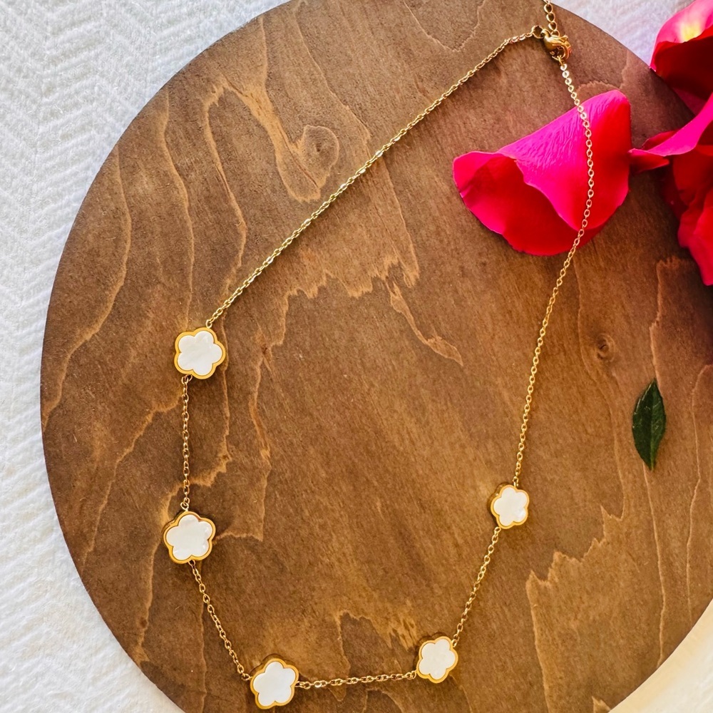 Gold and White Floral Necklace with Dainty Chain set of earrings - Picture 5 of 8
